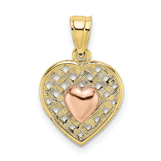 10K Two-Tone Yellow And Rose Gold Polished Heart On Woven Charm