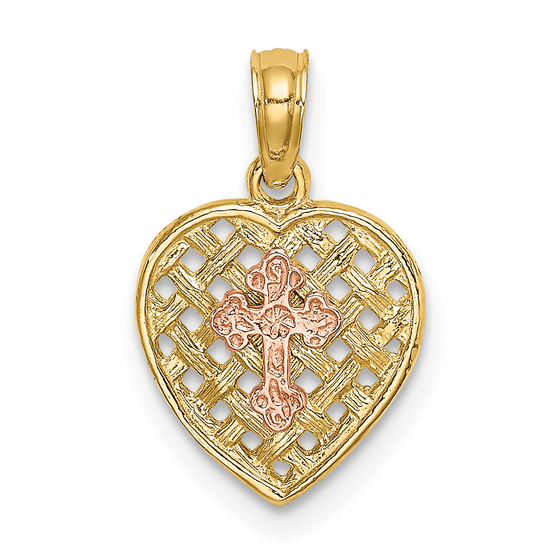 10K Two-Tone 10K Two-Tone Cross On Woven Heart Charm