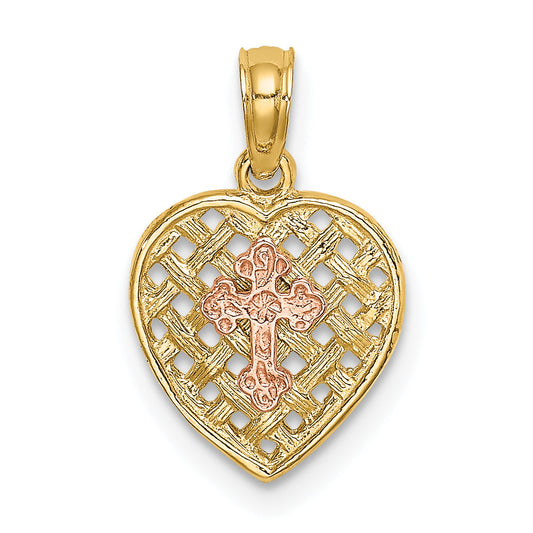 10K Two-Tone 10K Two-Tone Cross On Woven Heart Charm