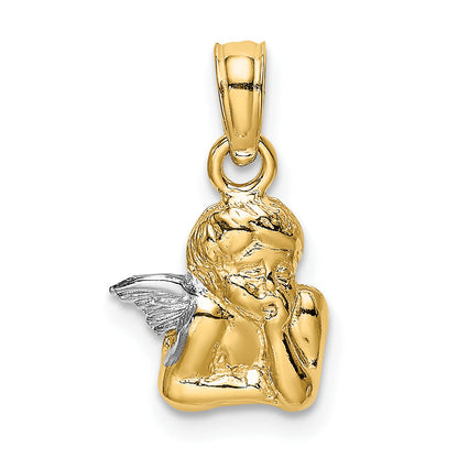 10K Yellow W/Rhodium 10K Angel Resting On Elbow W/ Rhodium Wing Charm