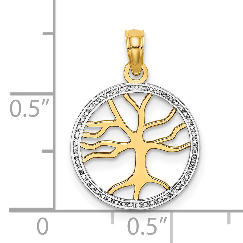 10K Yellow W/Rhodium 10K 3-D Tree Of Life In Round Frame Charm