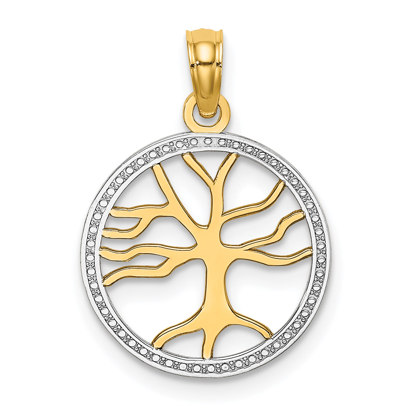 10K Yellow W/Rhodium 10K 3-D Tree Of Life In Round Frame Charm