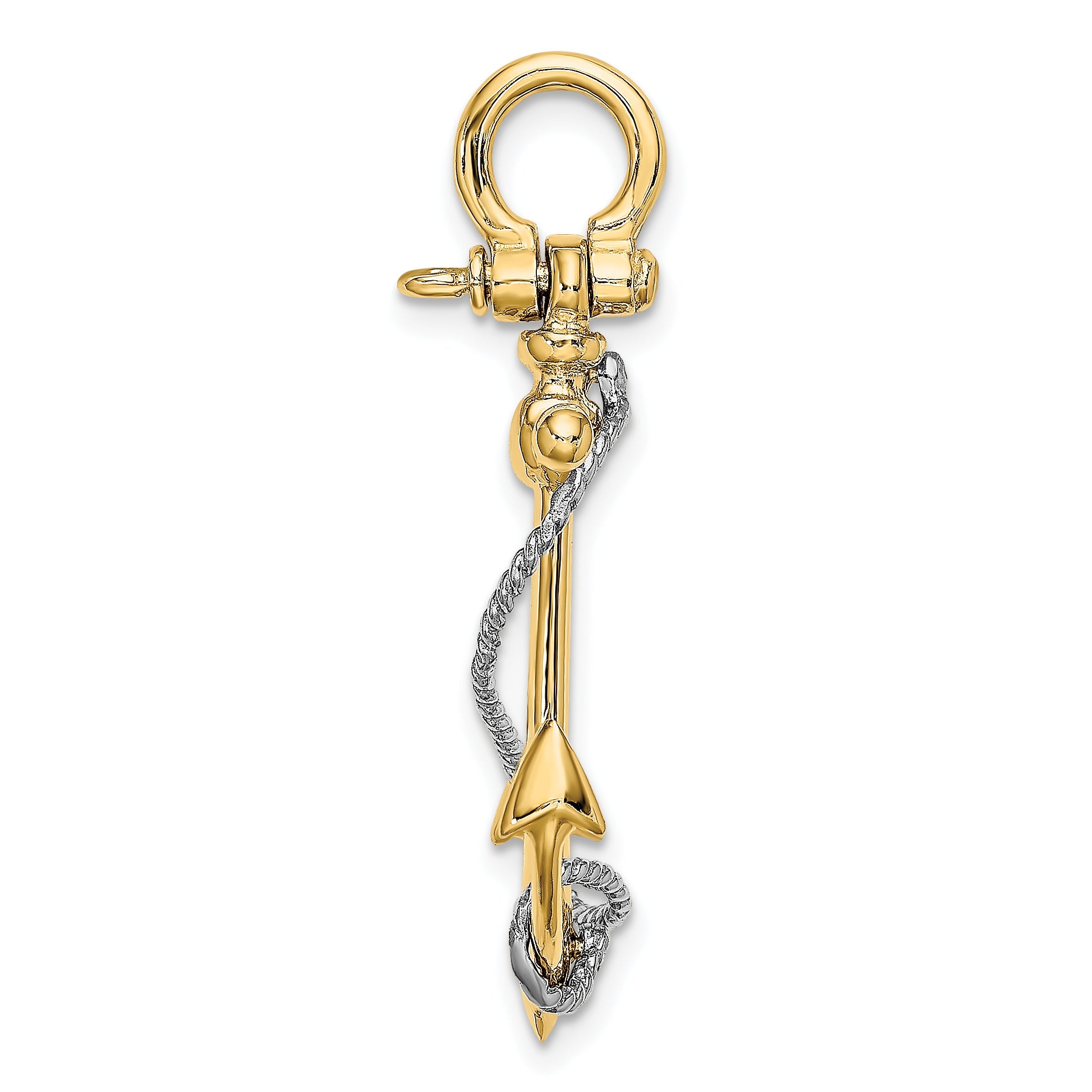 10K Two-Tone 10K 3-D Anchor W/T Bar And Rope W/Shackle Bail Charm