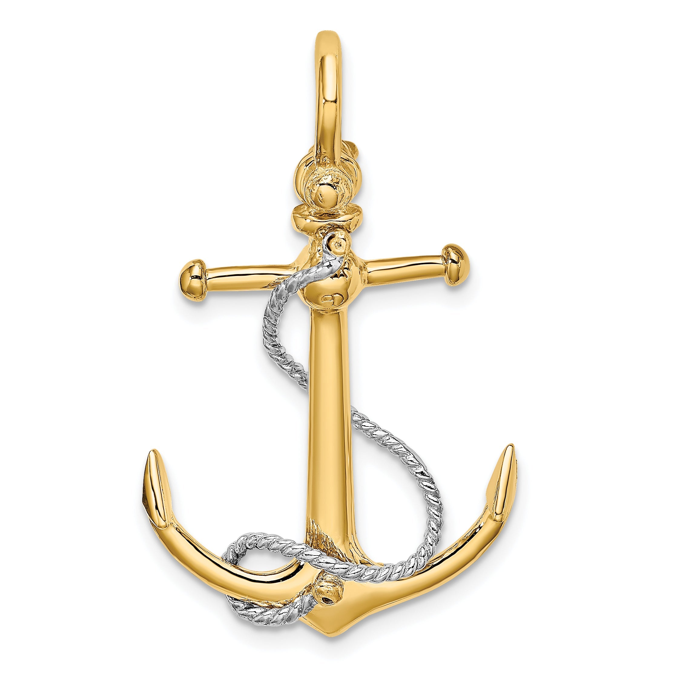 10K Two-Tone 10K 3-D Anchor W/T Bar And Rope W/Shackle Bail Charm
