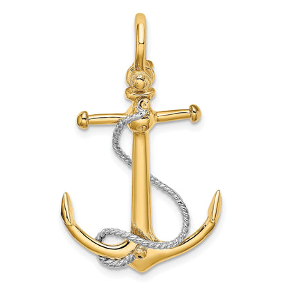 10K Two-Tone 10K 3-D Anchor W/T Bar And Rope W/Shackle Bail Charm
