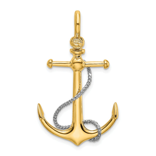10K Two-Tone 10K 3-D Anchor W/T Bar And Rope W/Shackle Bail Charm