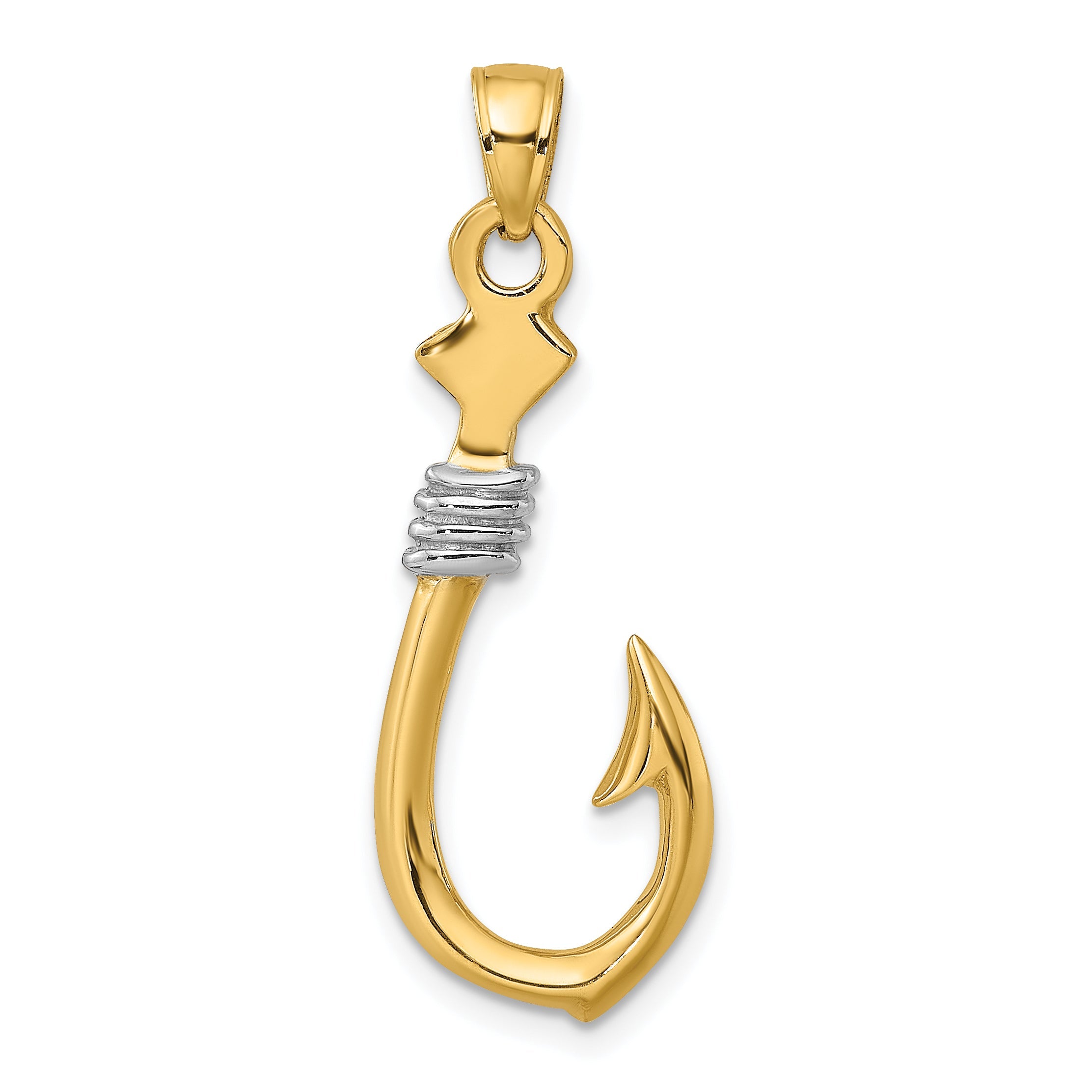 10K Yellow W/Rhodium 10K 3-D Fish Hook With Rope Charm