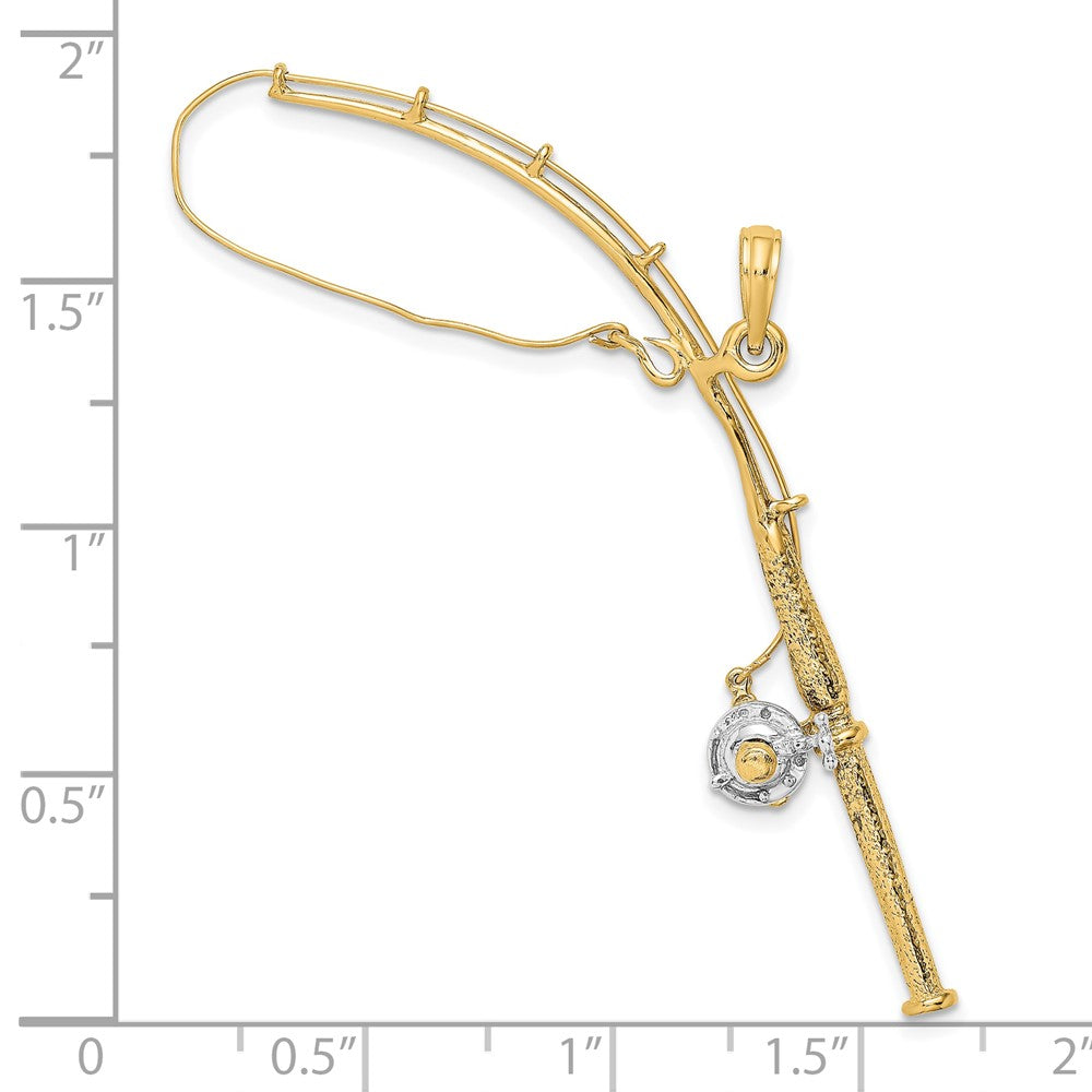 10K Yellow W/Rhodium 10K 3-D Moveable Fishing Pole W/ Reel Pendant