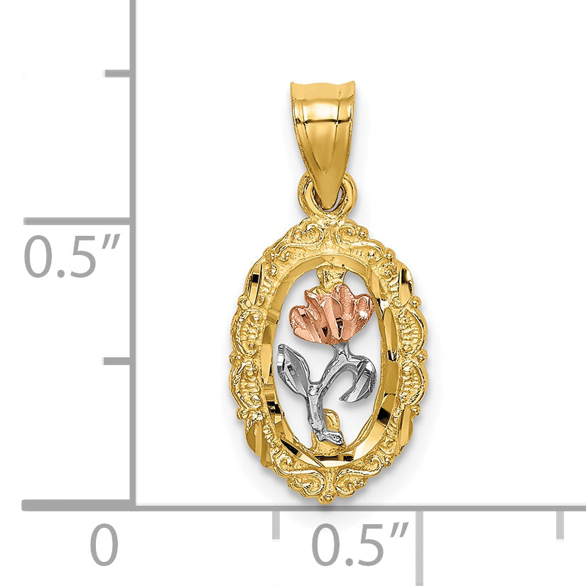 10K Two-Tone 10K W/White Rhodium Rose In Oval Frame Charm