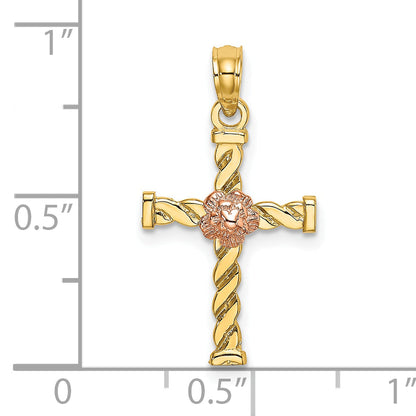 10K Two-Tone 10K Two-Tone Twisted Cross W/ Flower Charm