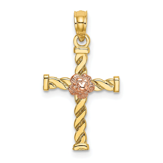 10K Two-Tone 10K Two-Tone Twisted Cross W/ Flower Charm