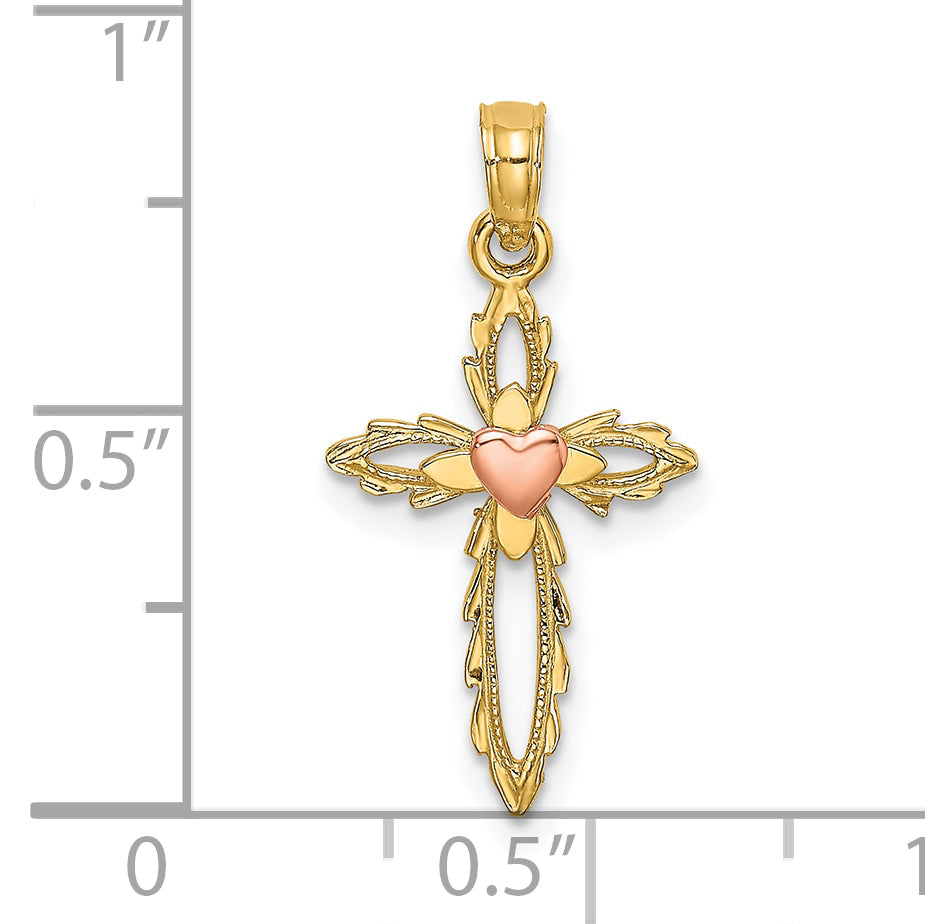 10K Two-Tone 10K Two-Tone Cross W/ Heart Charm