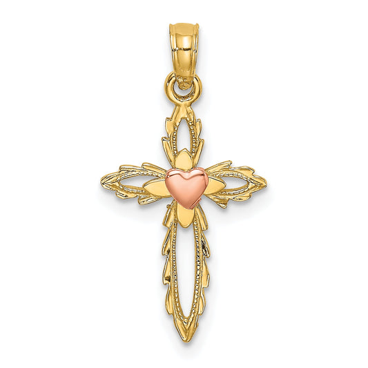 10K Two-Tone 10K Two-Tone Cross W/ Heart Charm