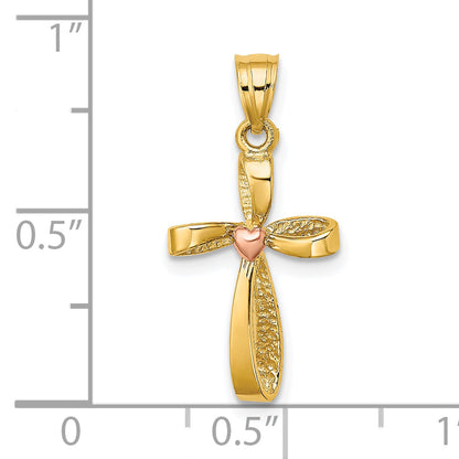 10K Two-Tone Two-Tone Twisted Cross W/ Heart Charm