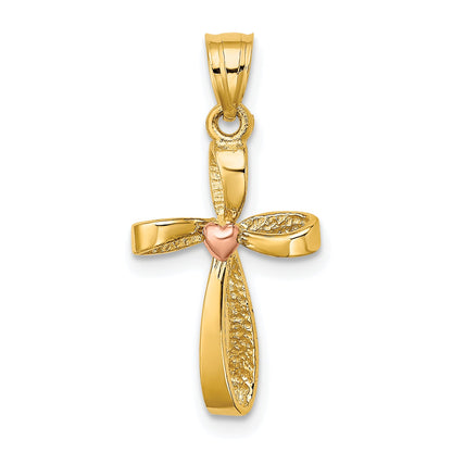 10K Two-Tone Two-Tone Twisted Cross W/ Heart Charm