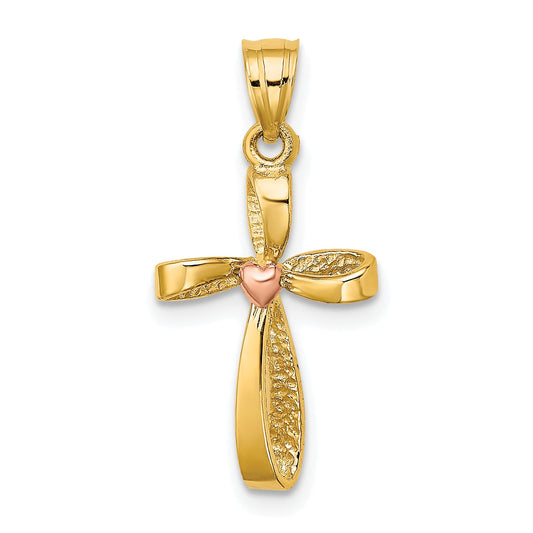 10K Two-Tone Two-Tone Twisted Cross W/ Heart Charm