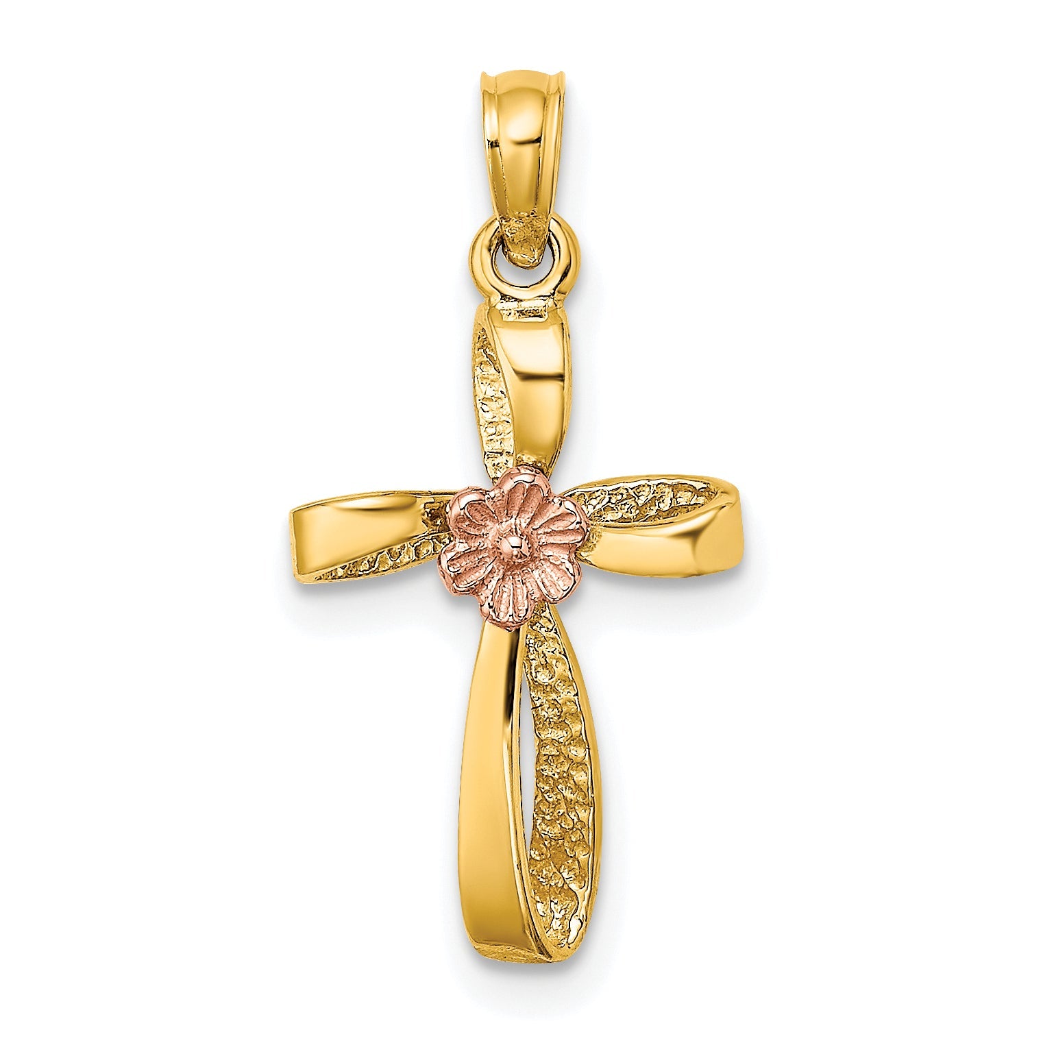 10K Two-Tone 10K Two-Tone Twisted Cross W/ Heart Charm