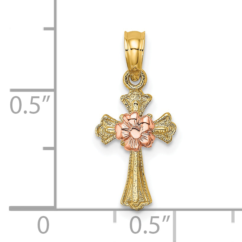 10K Two-Tone Two-Tone Cross W/ Small Flower Charm