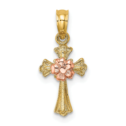 10K Two-Tone Two-Tone Cross W/ Small Flower Charm