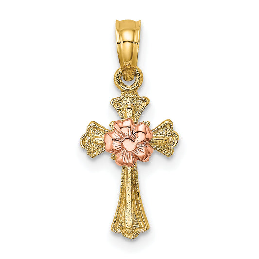 10K Two-Tone Two-Tone Cross W/ Small Flower Charm