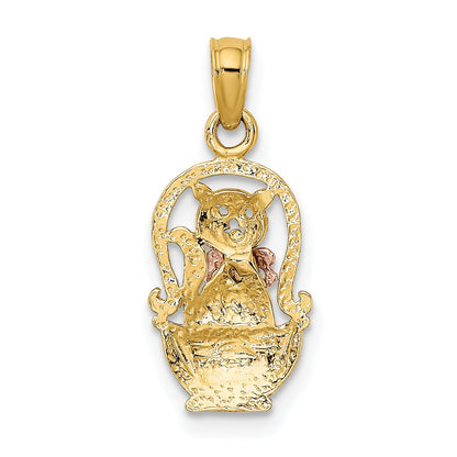 10K Two-Tone Two-Tone Cat W/ Bow In Basket Charm