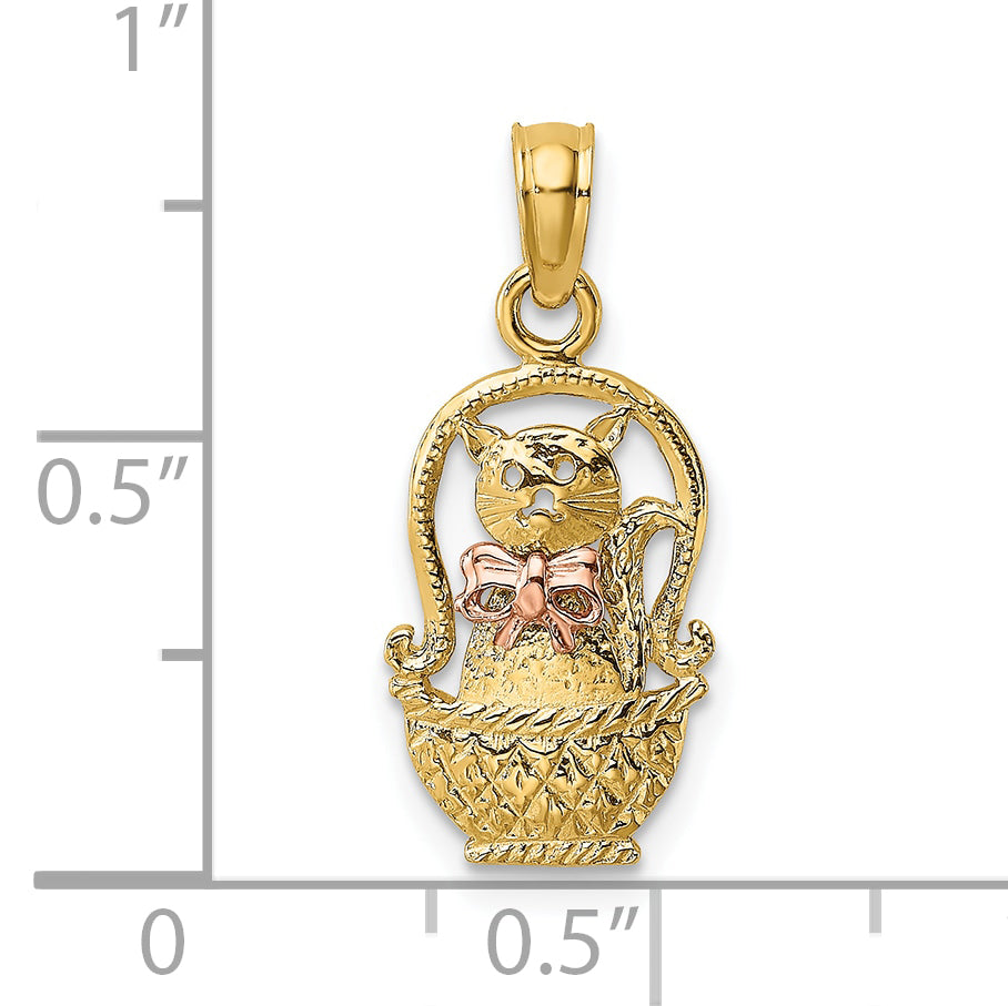 10K Two-Tone Two-Tone Cat W/ Bow In Basket Charm