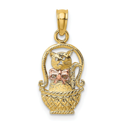 10K Two-Tone Two-Tone Cat W/ Bow In Basket Charm