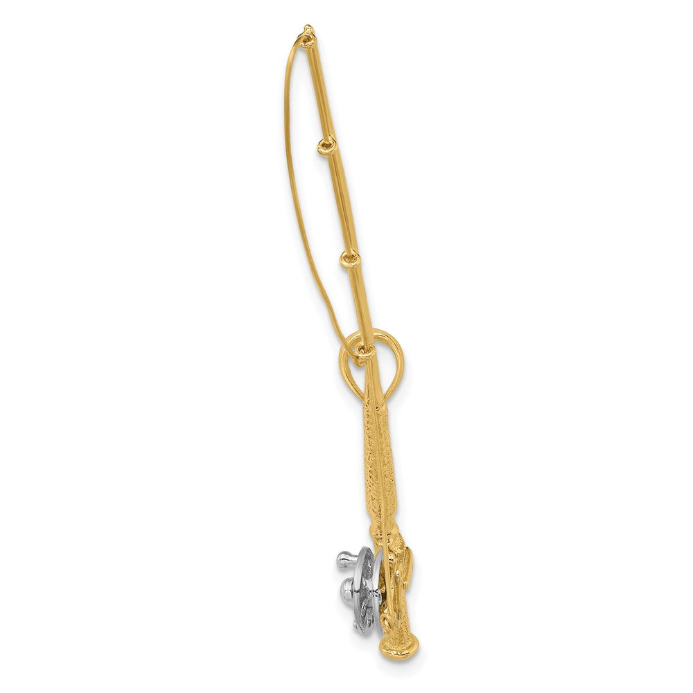 10K Yellow W/Rhodium 10K 3-D Fly Rod Fishing Pole Charm