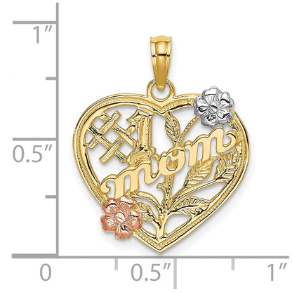 10K Two-Tone W/White Rhodium #1 Mom Heart W/ Flower Charm
