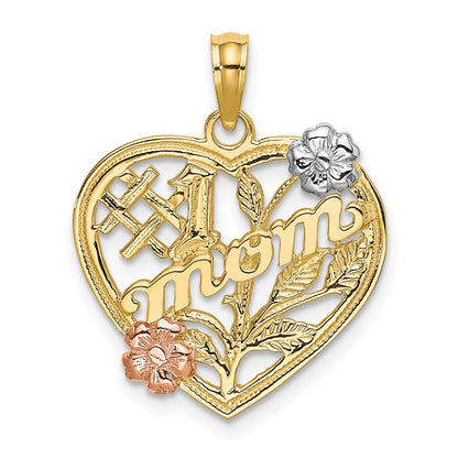 10K Two-Tone W/White Rhodium #1 Mom Heart W/ Flower Charm