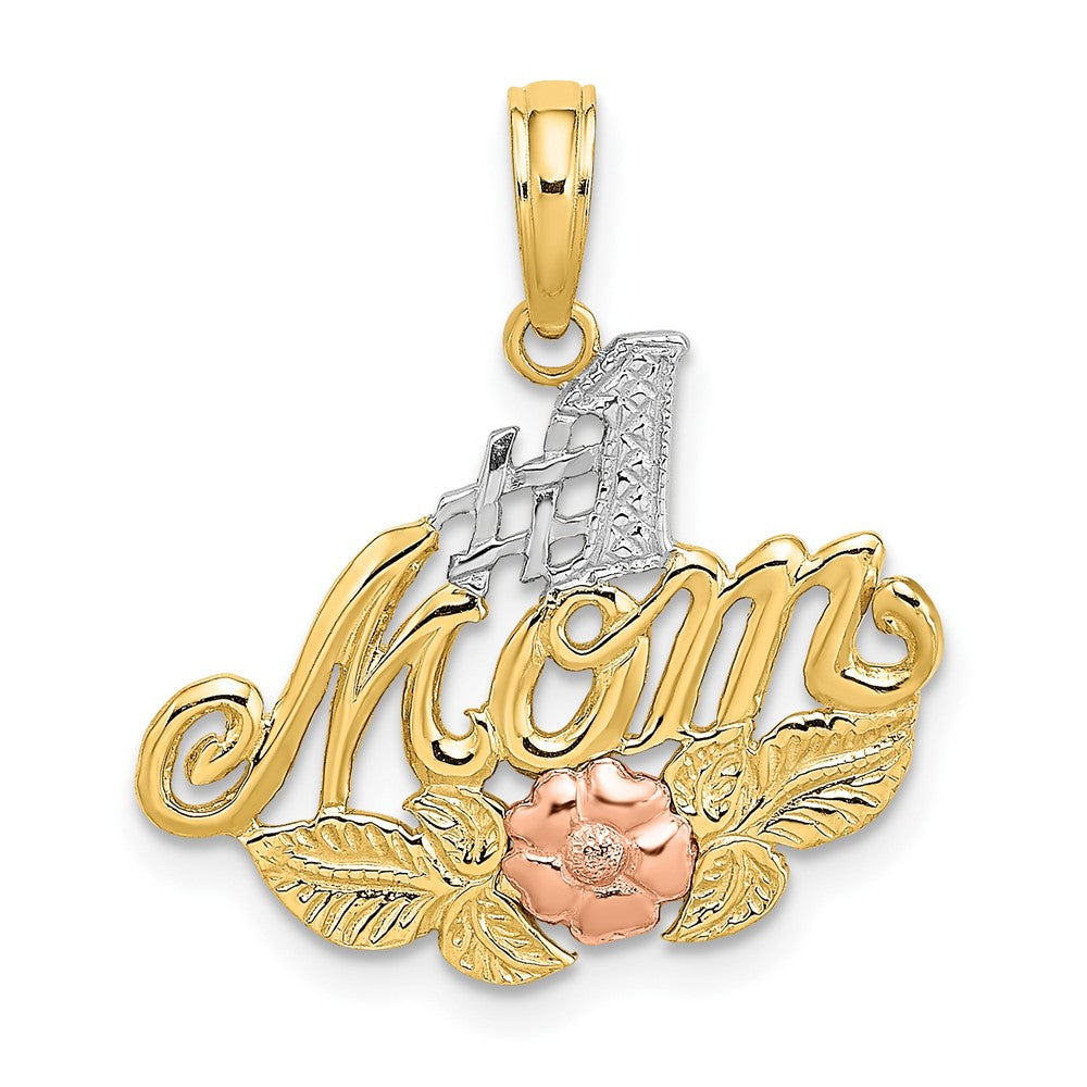 10K Two-Tone W/White Rhodium #1 Mom W/ Flower Charm