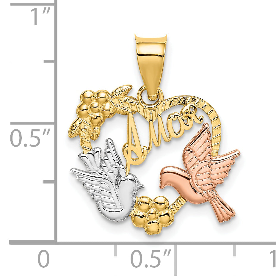 10K Two-Tone W/White Rhodium Amor Heart W/Doves Charm
