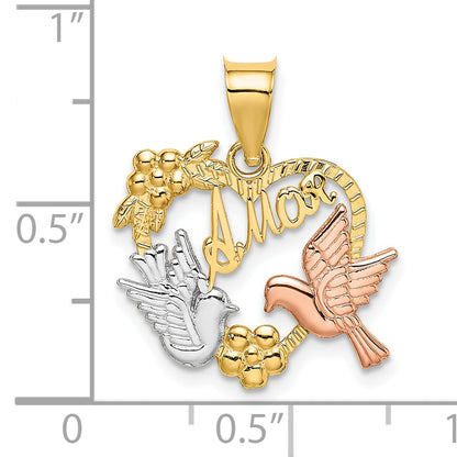 10K Two-Tone W/White Rhodium Amor Heart W/Doves Charm