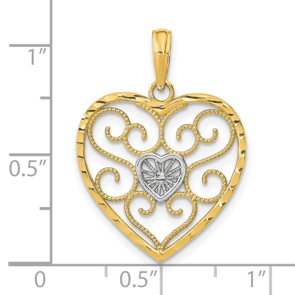 10K Yellow W/Rhodium Filigree Beaded Heart Charm