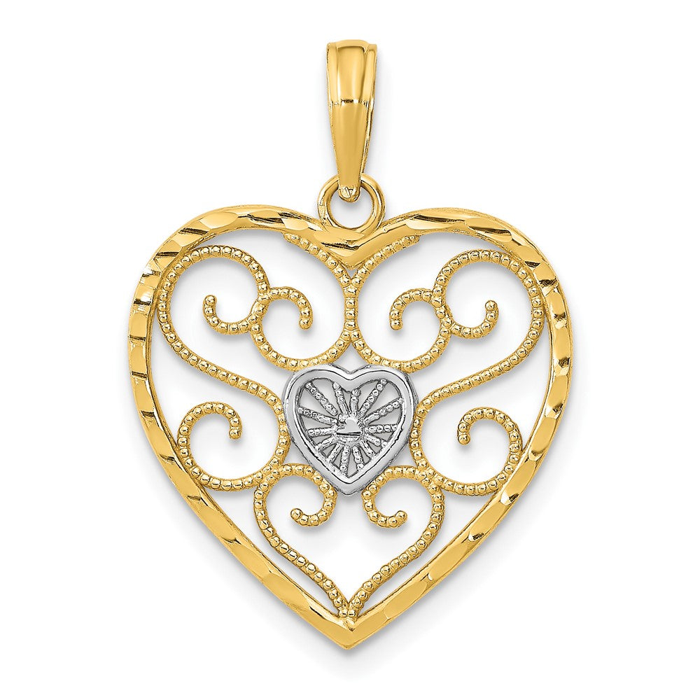 10K Yellow W/Rhodium Filigree Beaded Heart Charm