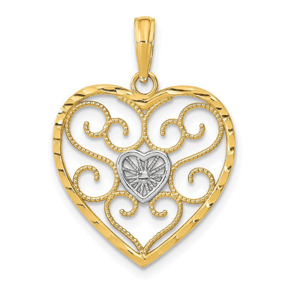 10K Yellow W/Rhodium Filigree Beaded Heart Charm
