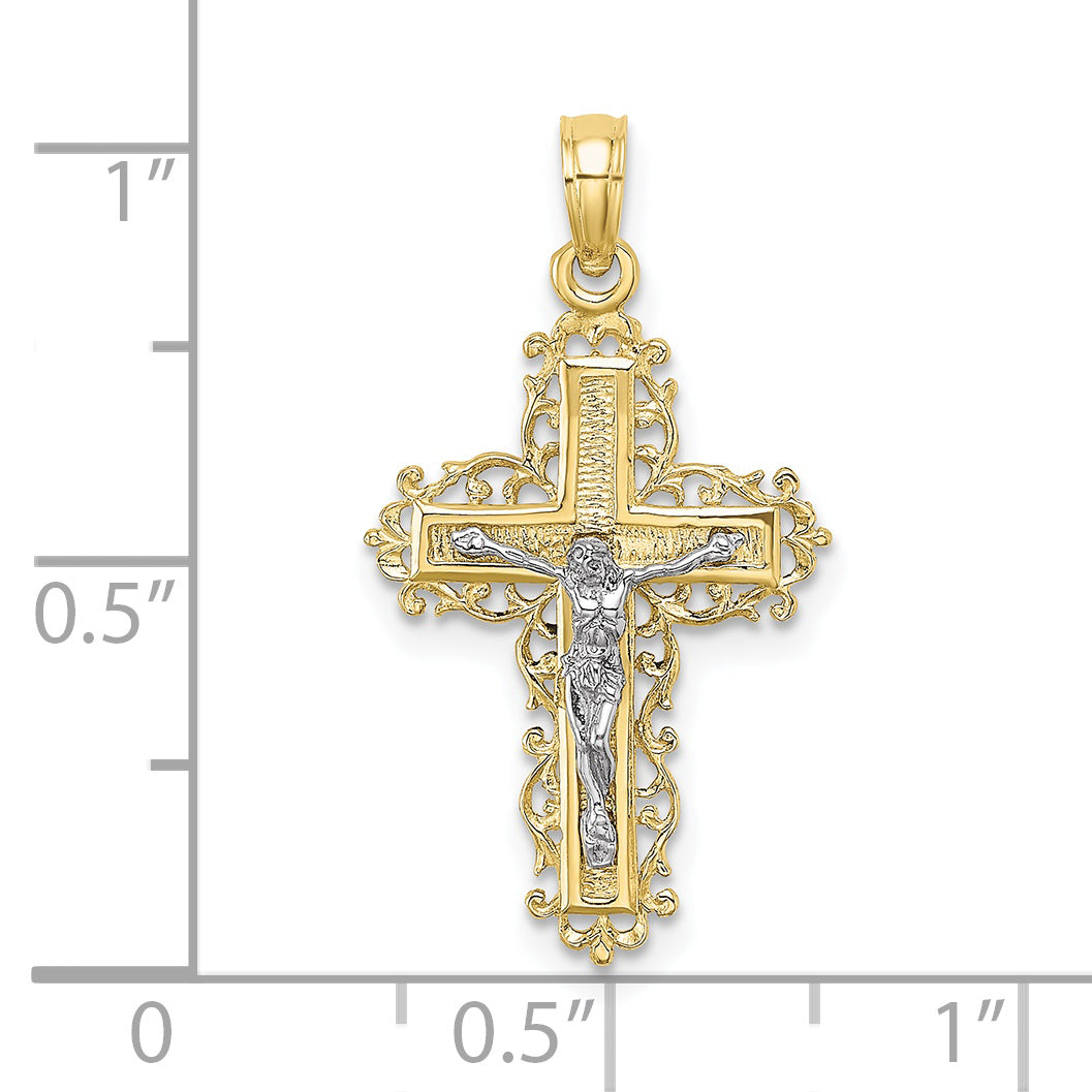 10K Two-Tone 10K Textured W/ Lace Trim Crucifix Charm