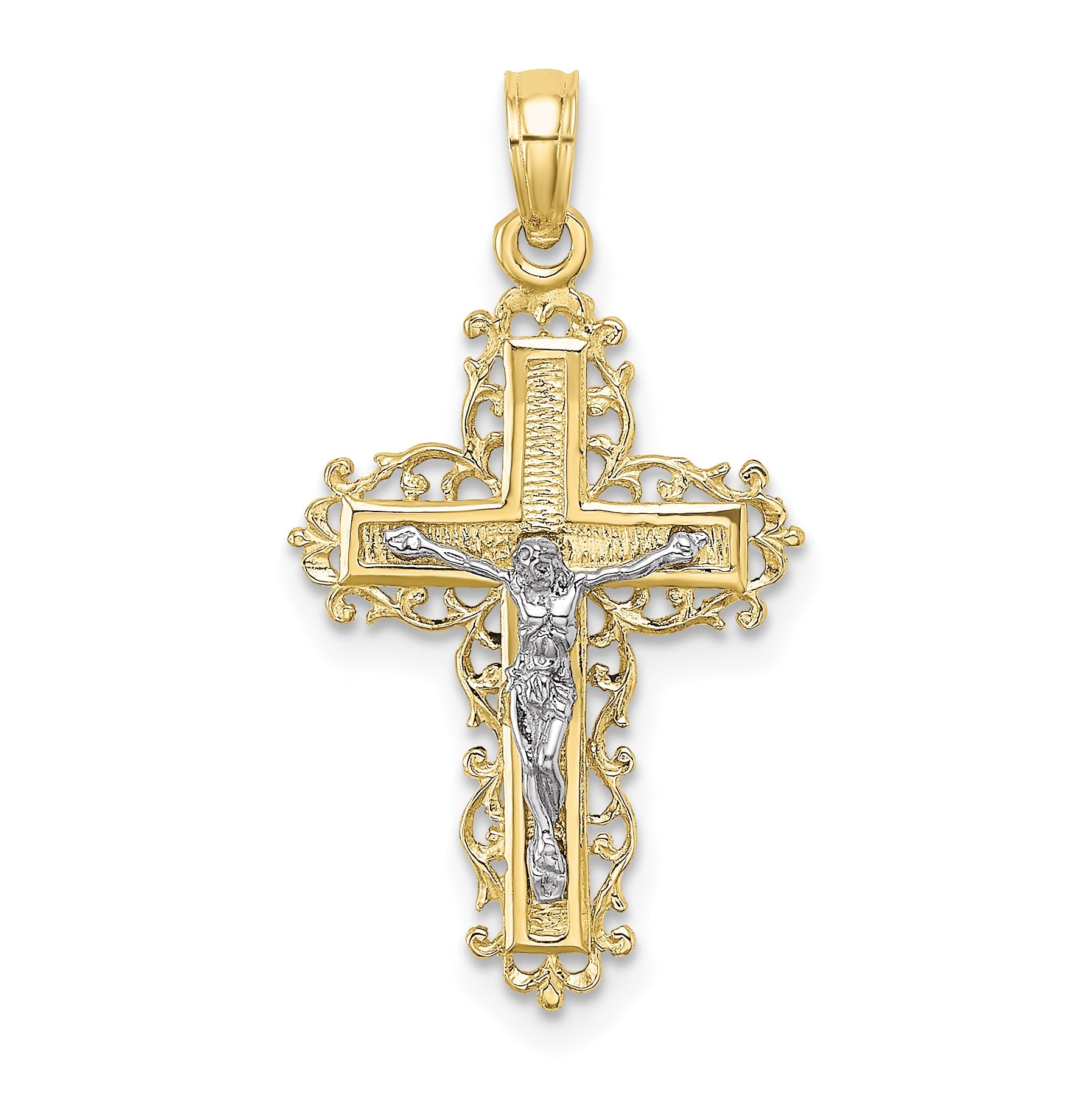 10K Two-Tone 10K Textured W/ Lace Trim Crucifix Charm