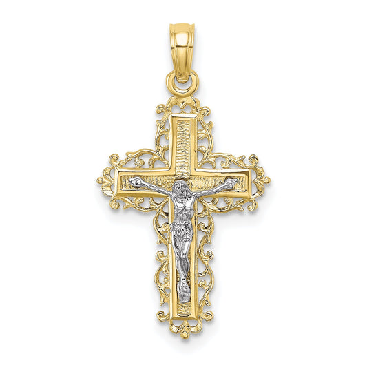 10K Two-Tone 10K Textured W/ Lace Trim Crucifix Charm