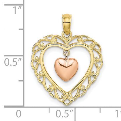 10K Two-Tone Yellow And Rose Gold Polished Dangling Heart In Charm