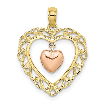10K Two-Tone Yellow And Rose Gold Polished Dangling Heart In Charm