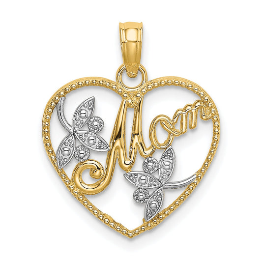 10K Yellow W/Rhodium 10K W/ Rhodium Beaded Heart Mom Charm