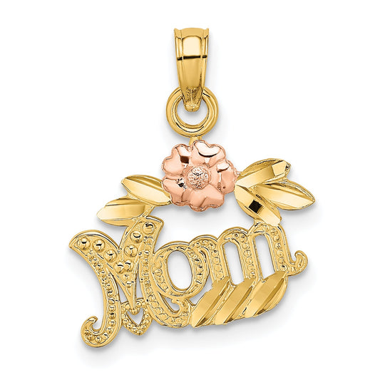 10K Two-Tone Two-Tone Textured Scroll W/ Flower Mom Charm