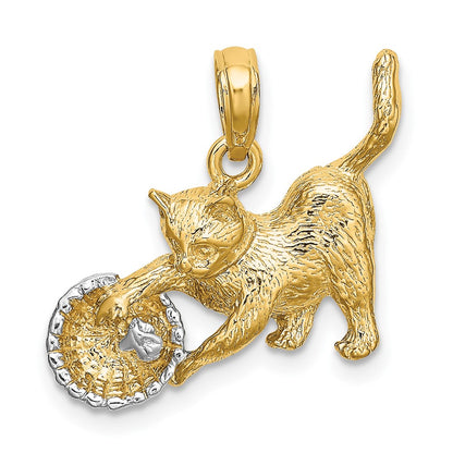 10K Yellow W/Rhodium 10K Cat Playing W/Yarn In Basket Charm