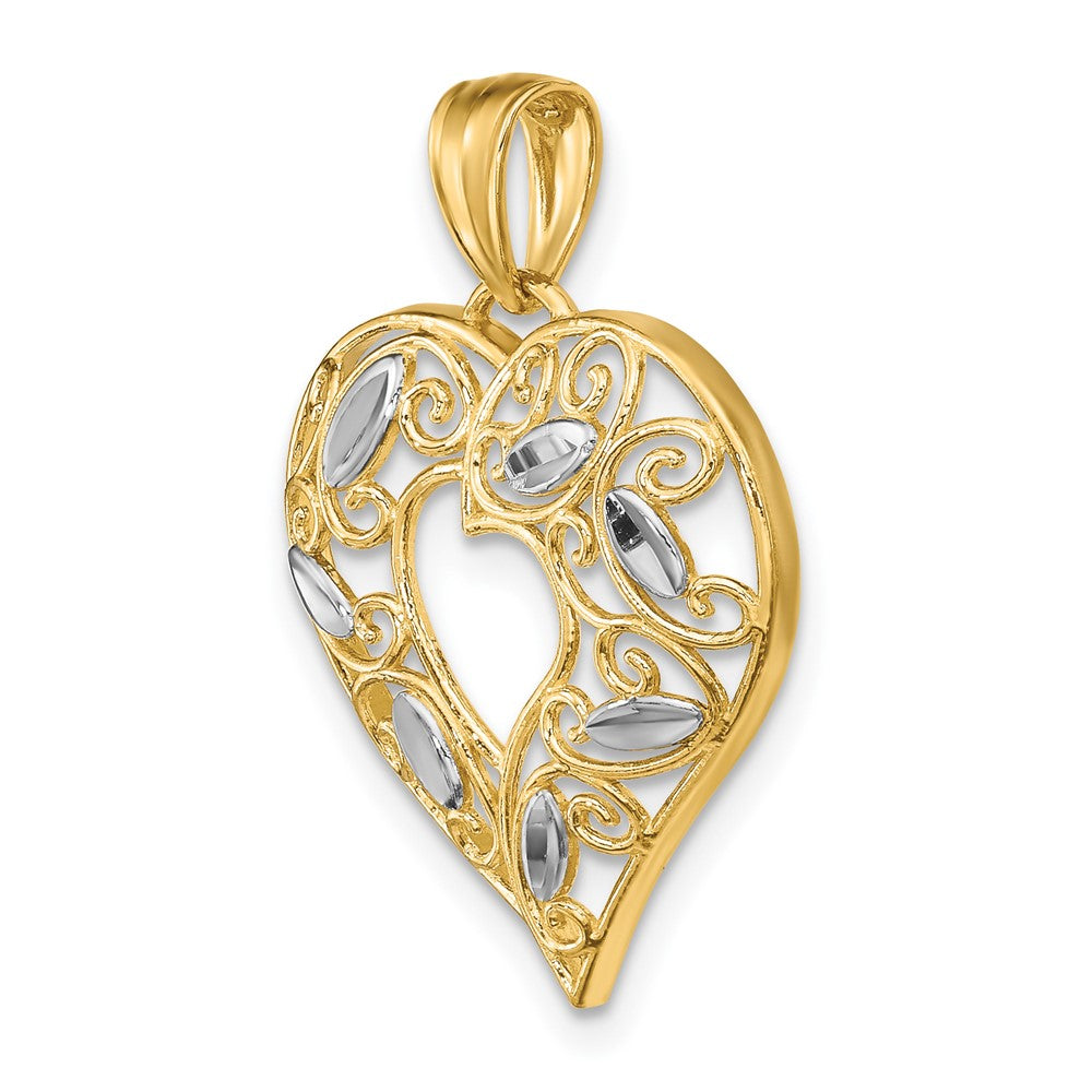 10K Yellow W/Rhodium 10K W/ Rhodium D/C Filigree Heart Charm