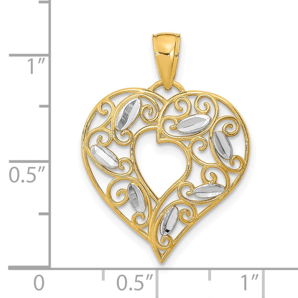 10K Yellow W/Rhodium 10K W/ Rhodium D/C Filigree Heart Charm