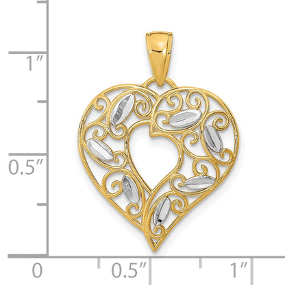 10K Yellow W/Rhodium 10K W/ Rhodium D/C Filigree Heart Charm