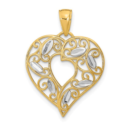 10K Yellow W/Rhodium 10K W/ Rhodium D/C Filigree Heart Charm