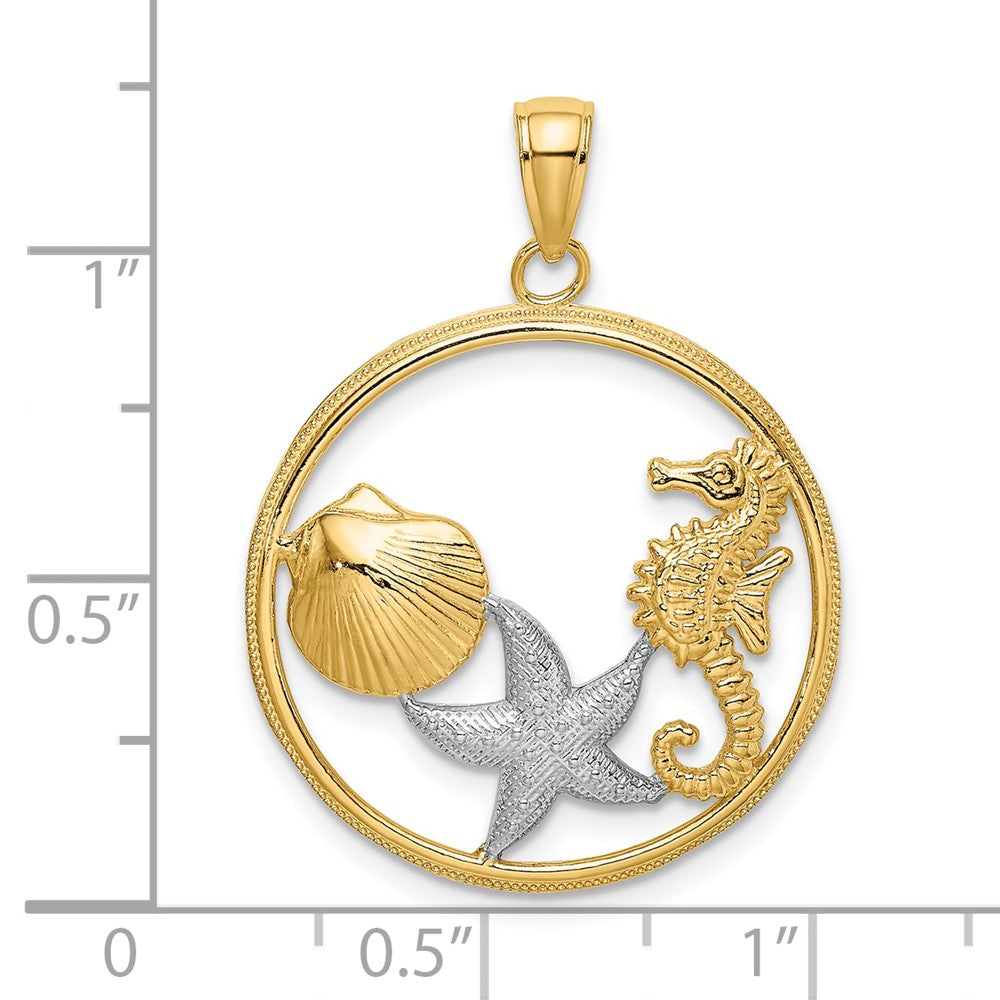 10K Yellow W/Rhodium Scallop, Starfish ,Seahorse Circle Charm