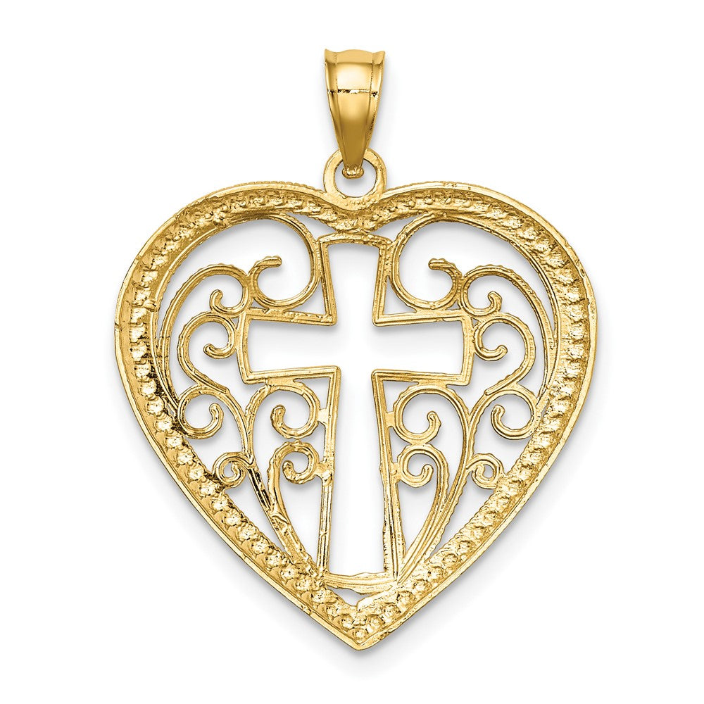 10K Yellow W/Rhodium 10K W/ Rhodiumcut-Out Beaded Filigree Heart Cross Charm